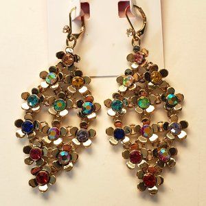 Betsey Johnson Gold Tone Flowers Fringe Earrings With Assorted stones
